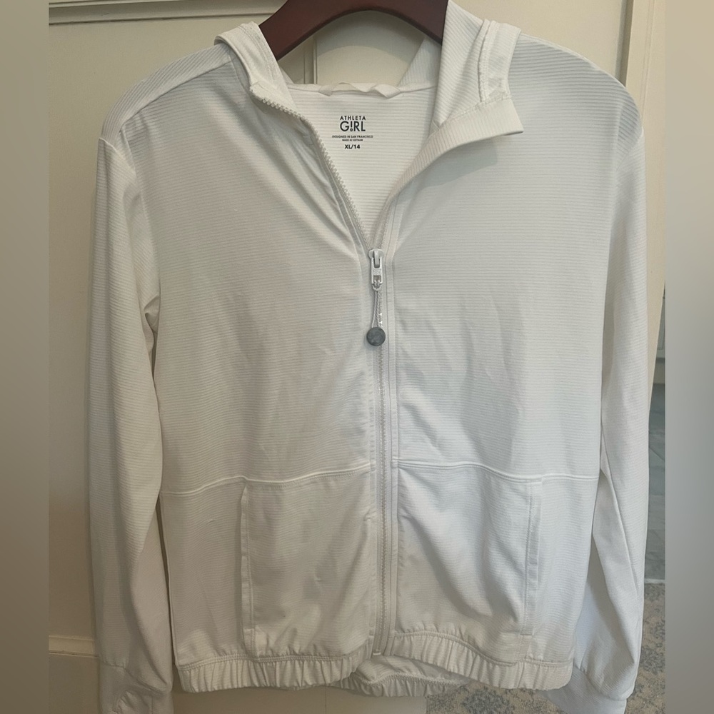 Athleta girl size L 14 white performance material zipup, long sleeve hoodie